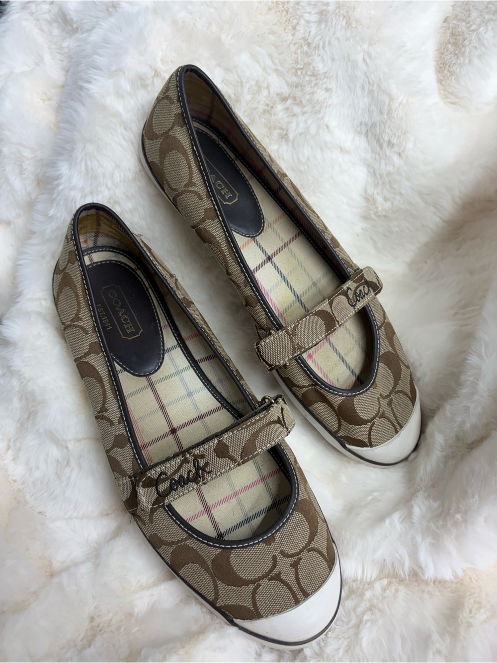 Coach Women Signature Canvas Mary Jane Flats with White Toe